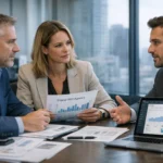 Organic search performance meeting with agency team reviewing reports and charts.