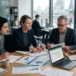 Web studio financial analysis with investors reviewing performance data.